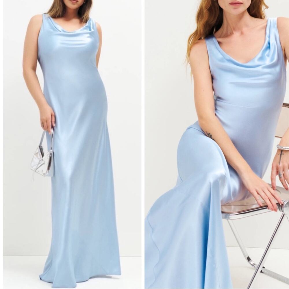 REFORMATION Annabelle Silk Cowl Neck Ruched Draped Horizon Blue Maxi Dress Sz 14